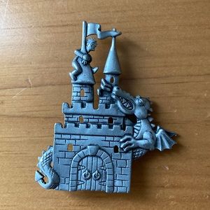 Vintage 1980s JJ pewter castle and dragon brooch